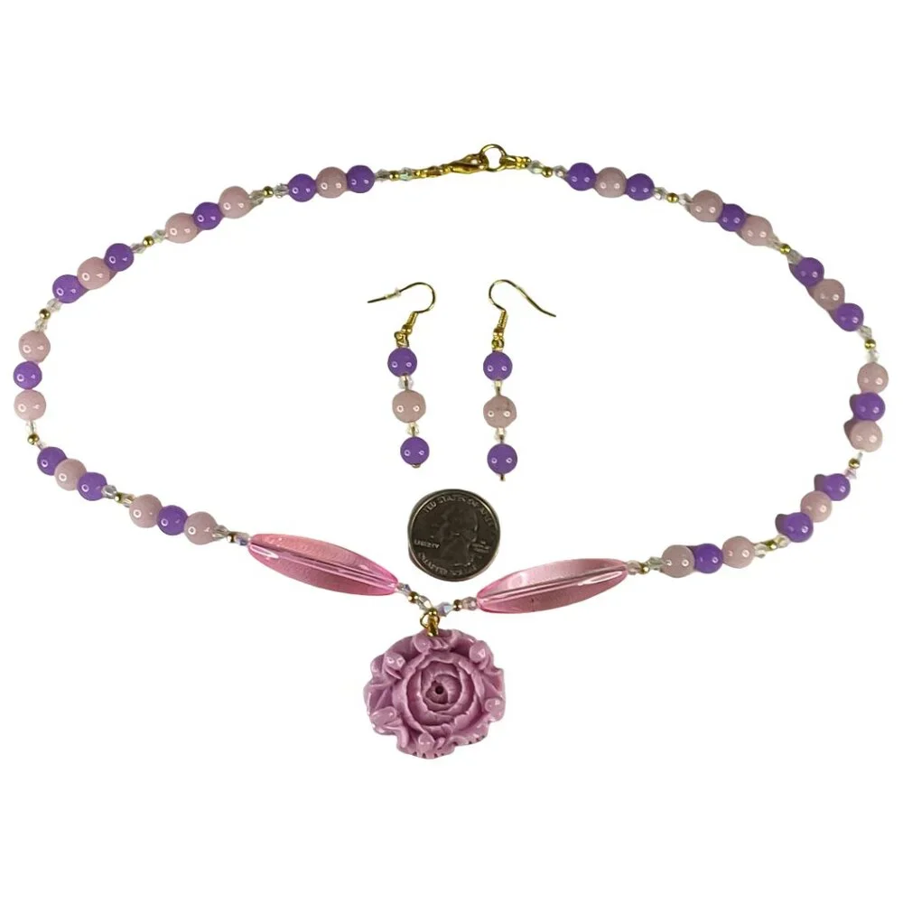 Purple, Pink, and Gold Necklace and Earrings Set Rose Excellent Condition